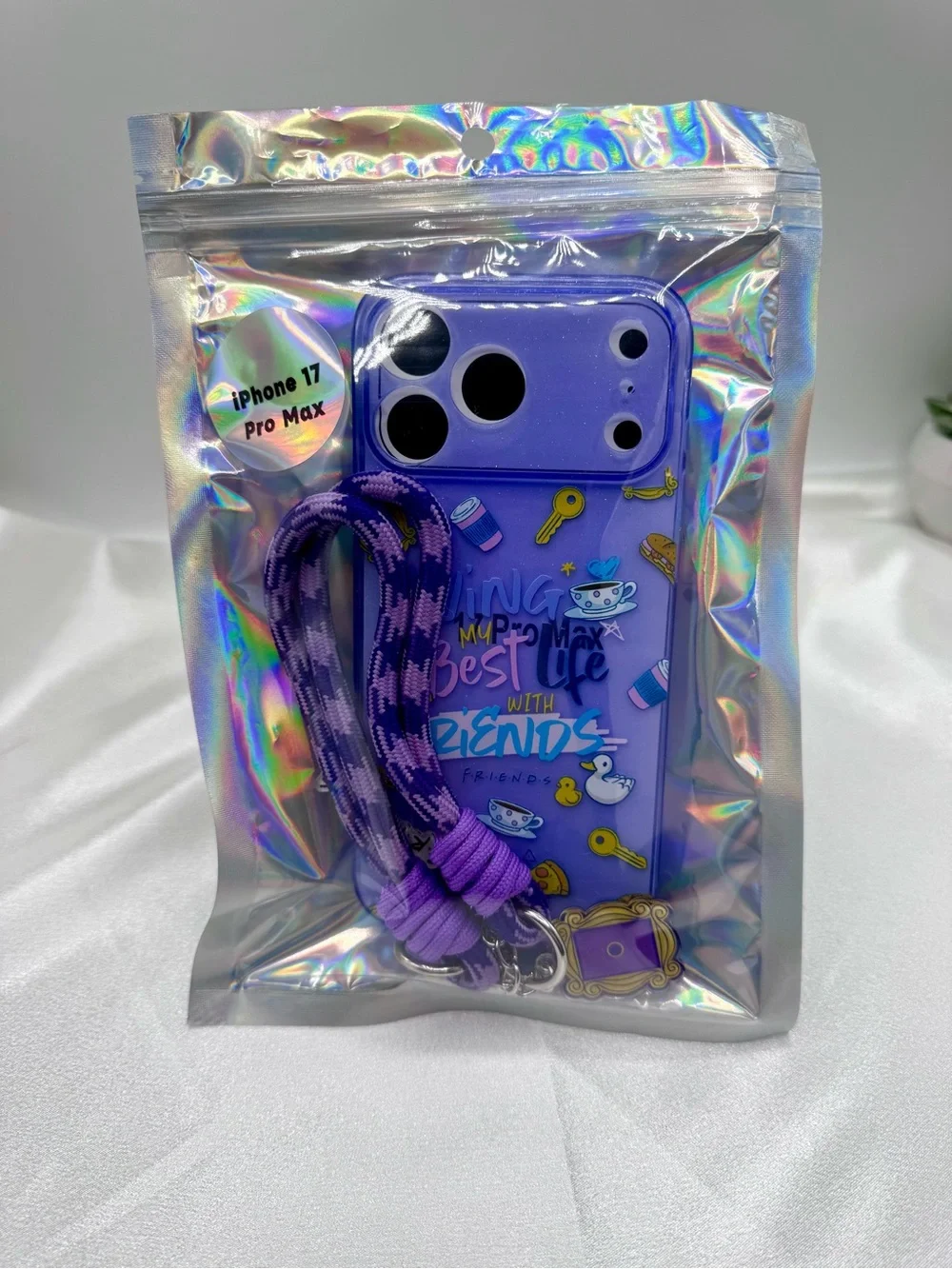Friends TV Show iPhone 17 Pro Max Case w/ Wrist Lanyard – Purple Clear